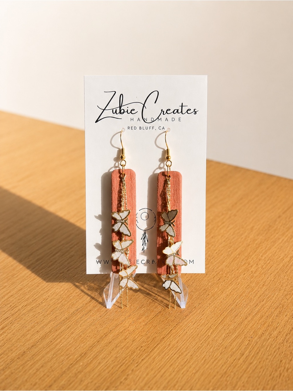 Terracotta Butterfly Drop Earrings with Gold Accents